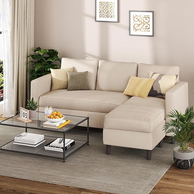 Shintenchi Small Sectional Sofa Couches,L Shape Convertible Sofa with Ottoman,3 Seat Comfy Corduroy Upholstered Sofa Couch,Small Couch for Apartment,Living Room and Office(Beige)
