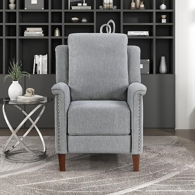 Lexicon Push Back Recliner Chair with Footrest, Reclining Sofa Armchair, Modern Chenille Fabric Recliner with Nailhead Trim for Living Room/Office/Apartment, Gray