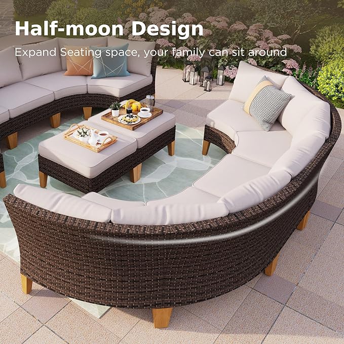 PHI VILLA 7-Piece Half Moon Patio Furniture Set with 56" Fire Pit Table, Outdoor Wicker Sectional Sofa with Cushions, Large Curved Conversation Seating for Garden or Backyard, Beige