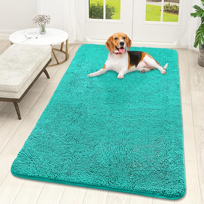OLANLY Dog Door Mat for Muddy Paws 59x32, Absorbs Moisture and Dirt, Absorbent Non-Slip Washable Doormat, Quick Dry Chenille Mud Mat for Dogs, Entry Indoor Entryway Carpet for Inside Floor, Teal by OLANLY