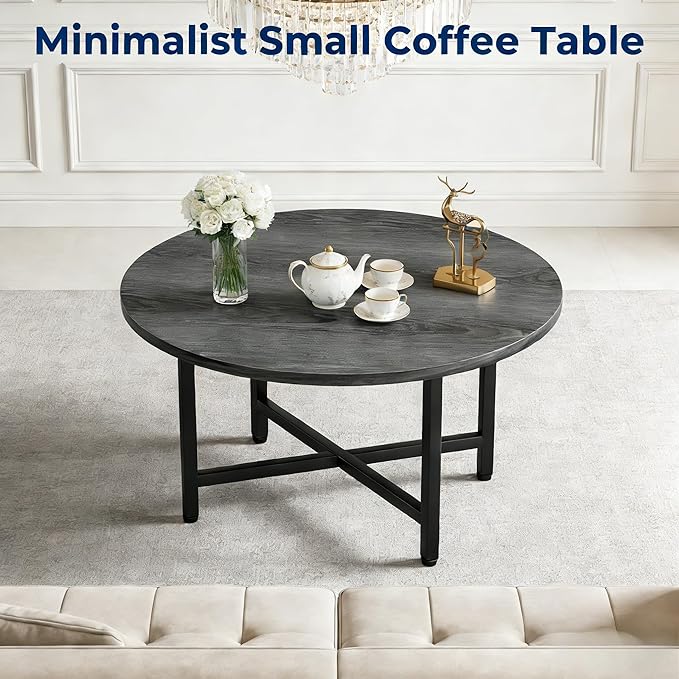 Round Coffee Table, 23.6" Small Coffee Tables for Living Room, Circle Coffee Table with Metal Frame, Floor Table Desk for Sitting on The Floor, Home, Office, Grey