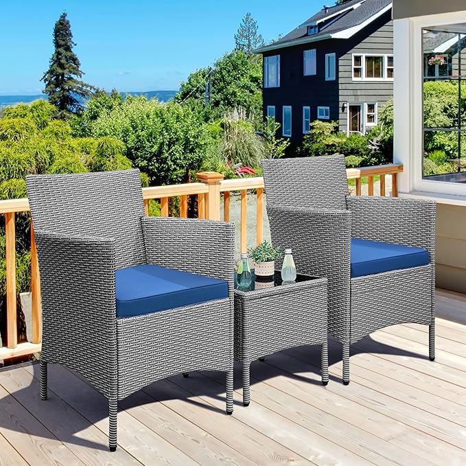Yaheetech 3 Pieces Patio Porch Furniture Set, Outdoor PE Rattan Wicker Conversation Set with Soft Cushions, Glass Coffee Table & 2 Chairs for Garden/Deck/Courtyard/Poolside, Gray/Dark Blue