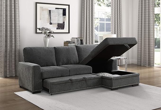 Lexicon Mid Century Modern Sectional Sleeper Sofa Bed Couch with Storage Chaise, Sectional Sofa Pull Out Couch Bed, Sectional Couch Lounge Sofa for Living Room Apartment, Right Side Chaise, Charcoal