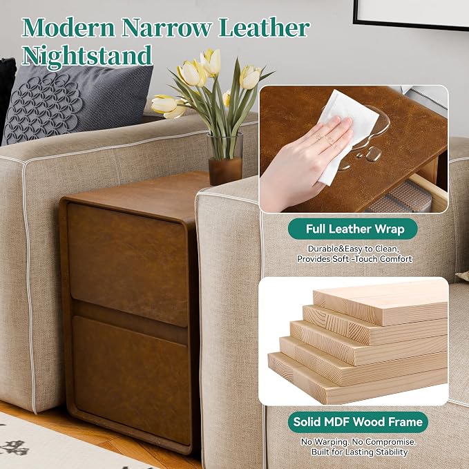 15.8" W Leather Narrow Nightstand Set of 2, Modern Fully-Assembled Bedside Table with 2 Drawers, Night Stand Small End Table & Side Table for Bedroom, Brown - Image 7