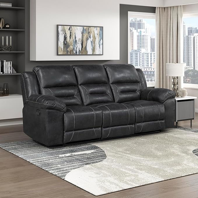 Lexicon Double Recliner Sofa for Living Room, Wall Hugger Manual Reclining Couch Sofa, Textured Microfiber Upholstered Dual Reclining Sofa, Home Theater Seating, Required Assembly, Black