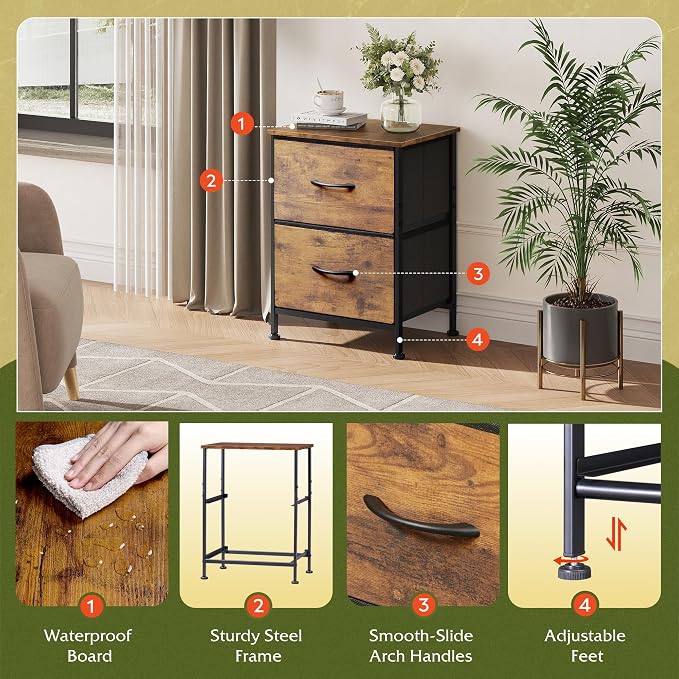 WLIVE Night Stand Set of 2, Small Dresser with 2 Drawers & Wooden Top, Nightstand with Fabric Bins, Bedside Table End Table for Bedroom, Closet, Entryway, College Dorm, Rustic Brown - Image 5