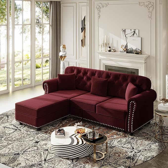 KEIKI 83" Velvet Chesterfield Sofa with Rolled Arms & Nailhead Trim & 1 Ottoman, Modern 3-Seater Button Tufted Couch with High Resilience Cushion & 3 Pillow, Easy Assembly, for Living Room, Burgundy