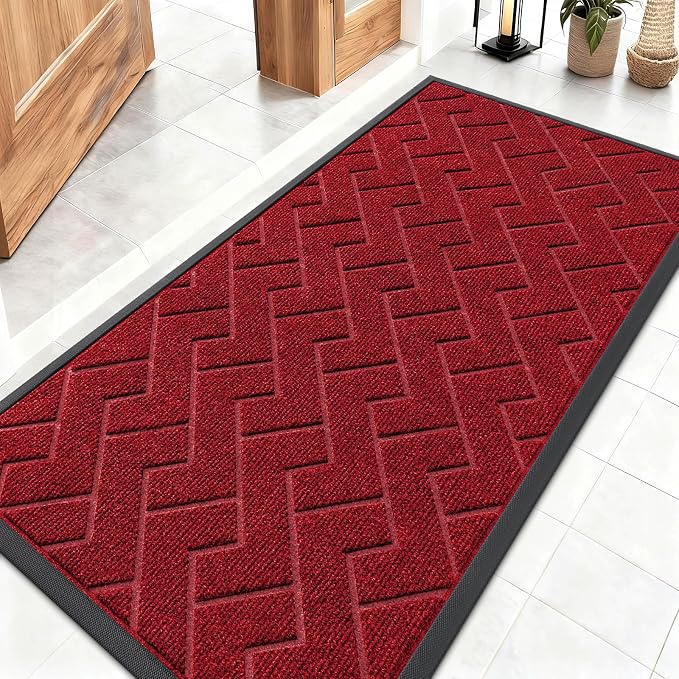 OLANLY Front Door Mat Indoor Outdoor Entrance, Waterproof All-Season, All-Weather Doormat, Sturdy Natural Rubber, Low Profile, Easy Clean Patio Porch Entryway Mat, Herringbone Brick (Wine Red, 47x23) by OLANLY
