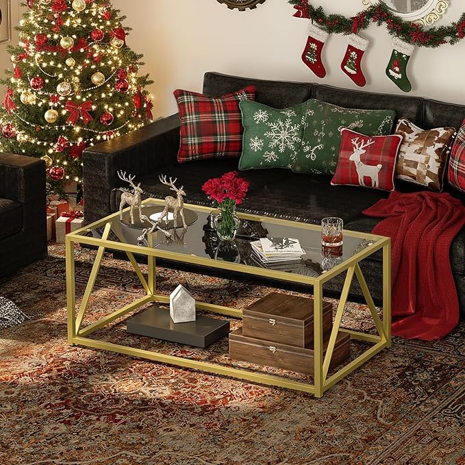 HOOBRO Glass Coffee Table, Gold Coffee Tables for Living Room, Gold Glass Coffee Table,1 Layer Center Table, Modern, for Apartment, Office, 39.4 x 19.7 x 17.7 Inches, Easy Assembly, Golden GD04KF01