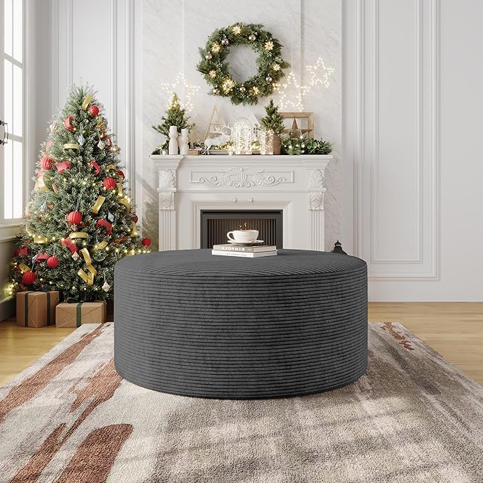 Round Ottoman Coffee Table with High-Resilience Foam Support, Oversized Modular Sectional Sofa Stool for Living Room, Bedroom & Small Spaces, No Assembly Footrest, Dark Gray, 32"