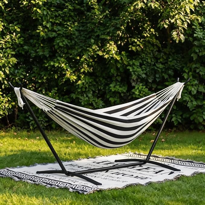 Double Hammock with Steel Stand - 2 Person Hammock Bed Indoor Outdoor, Brazilian-Style, with Carry Bag, 450lb Capacity, Portable & Easy Assembly, Black by IDEALHOUSE