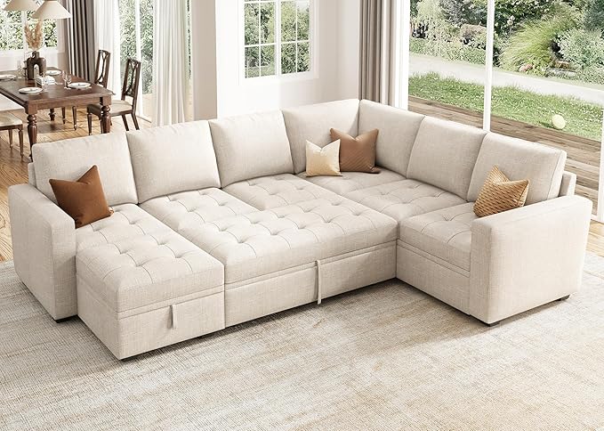 HONBAY Sectional Sleeper Sofa Couch with Pull Out Bed, Convertible L Shaped Couch with Storage, Sleeper Sectional Sofa Bed for Living Room, Beige