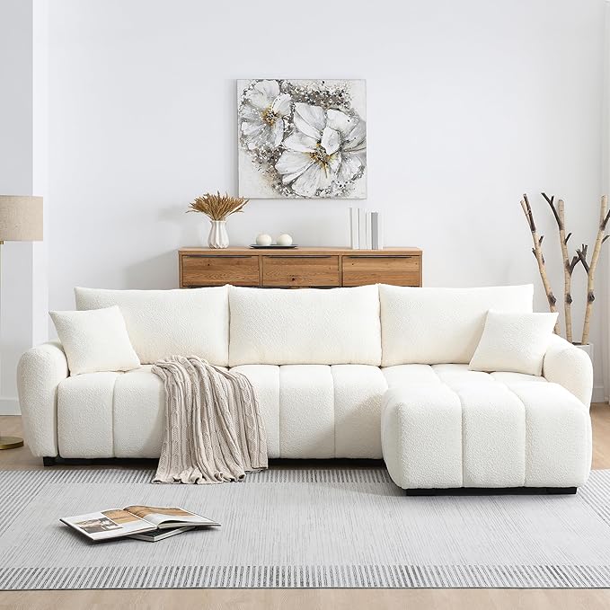 ERYE 110" L-Shaped Sectional Sofa 4 Seat Tufted Sofa Couches with Ottoman, Oversized Tufted Boucle Upholstered Corner Sectional Couch for Living Room Home Apartment
