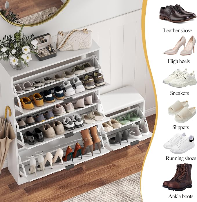 HUANLEGO Shoe Cabinet Storage for Entryway with 4 Flip Drawers, White Fluted Shoe Cabinet with Bench, Wooden Hidden Shoe Rack Freestanding Narrow Slim Shoes Storage Organizer for Hallway, Entrance - Image 4