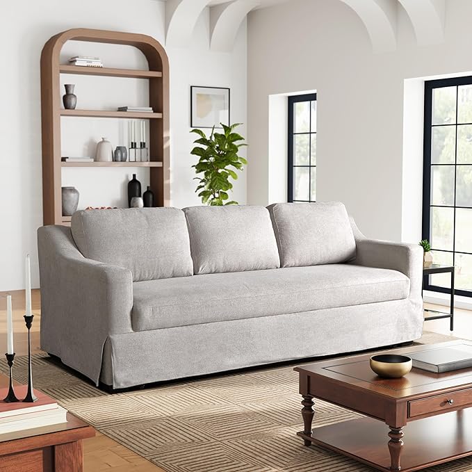 Serta® Hawthorne 90.6" Slipcovered Queen-Size Convertible Pop-up Sofa, Dreamcoil® Comfort, Woven Polyester Blend Fabric, Linen