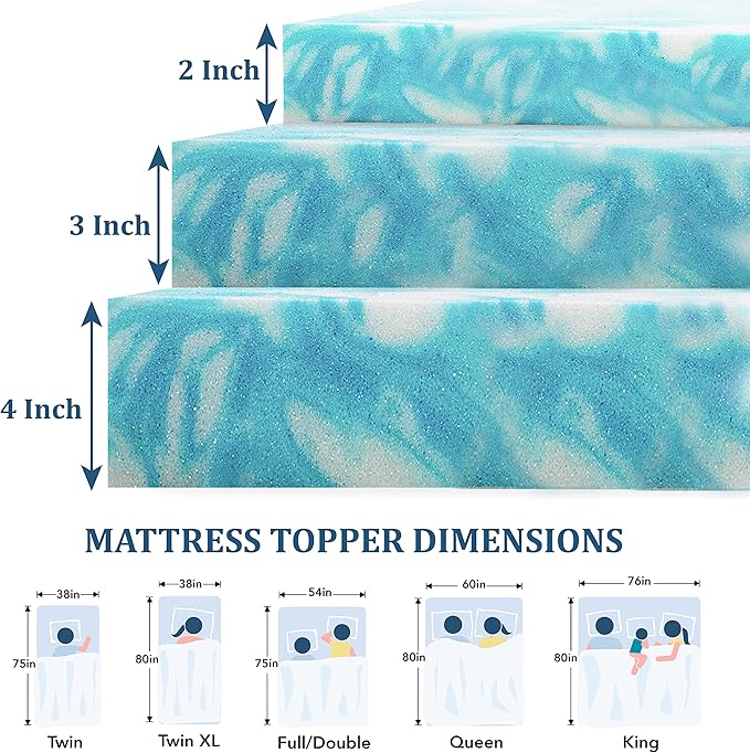 EGO Topper 3 Inch Twin Memory Foam Mattress Topper, Cooling Gel Foam Mattress Topper for Pressure Relief, Ventilated Design Bed Topper in a Box, CertiPUR-US Certified, 38"×75", Medium