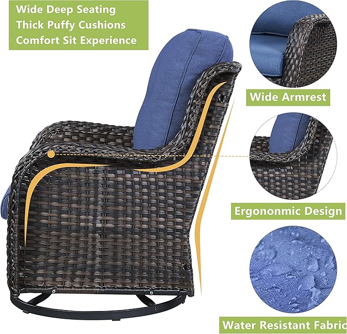 Rilyson Wicker Patio Furniture Set - 6 Piece Rattan Outdoor Sectional Conversation Sets with 2 Swivel Rocking Chairs,2 Ottomans,1 Loveseat and 1 Coffee Table for Porch Deck Garden(Brown/Blue)