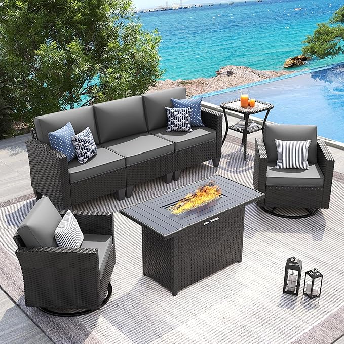 UDPATIO Patio Furniture Set with Fire Pit Table, Rocking Swivel Chairs, 5 Pieces Outdoor Furniture Sets, All-Weather Wicker Outdoor Sectional Sofa with Waterproof Cover, 4'' Thickened Cushion, Grey