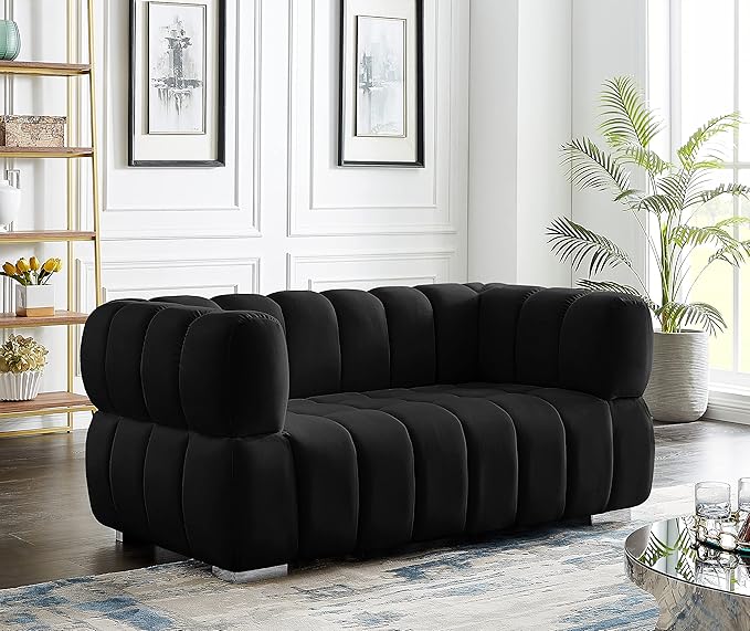 Meridian Furniture 670Black-L Gwen Collection Modern | Contemporary Velvet Upholstered Loveseat with Deep Biscuit Tufting