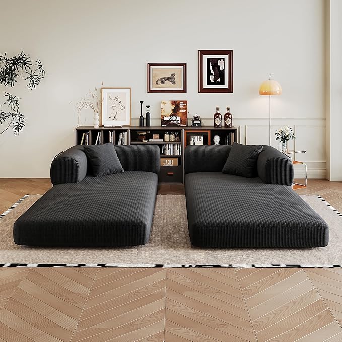 Ball & Cast 78.8" No-Assembly Compressed Sofa Bed, Convertible Floor Futon Couch with Pillow Backrest & Armrest, Boneless Modular Sleeper Sofa in Corduroy for Living Room Bedroom, Black