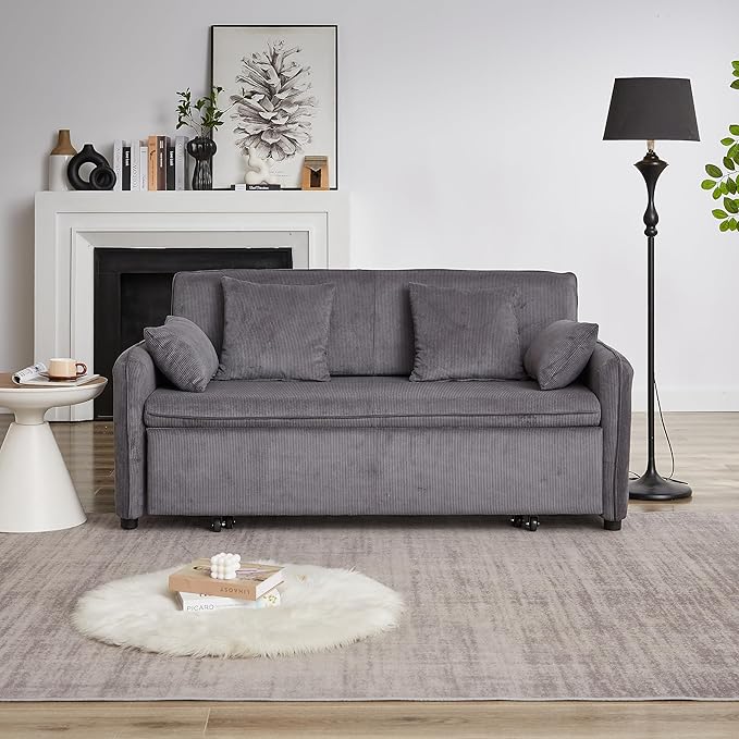 Ball & Cast 66" Convertible Sofa Bed,3-in-1 Corduroy Loveseat Sleeper Pull Out Couch Bed with Pillows and Side Pockets, Deep Seat Comfy Sofa Couches for Living Room,Apartment,Grey
