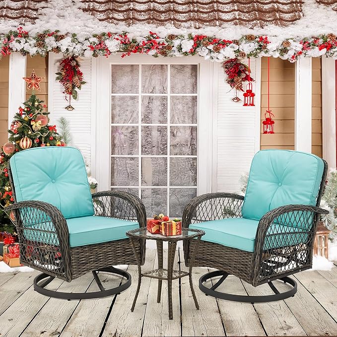 EROMMY 3 Pieces Outdoor Swivel Rocker Patio Chairs, 360 Degree Rocking Patio Conversation Set with Thickened Cushions and Glass Coffee Table for Backyard, Blue