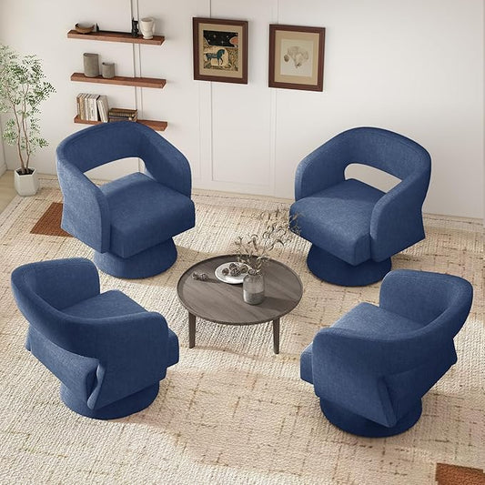 Nebuaegis Swivel Accent Chair Set of 4, Modern Comfy Chenille Barrel Chairs, Oversized Upholstered Round Arm Chair for Living Room, Bedroom, Reading Room, Blue