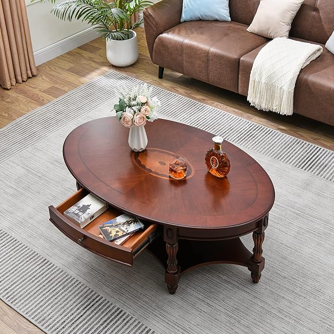Solid Wood Oval Coffee Table with Drawer and Storage Shelf, Traditional Vintage Center Table Polished Edging Cocktail Tea Table for Living Room Bedroom Home, Cherry Walnut