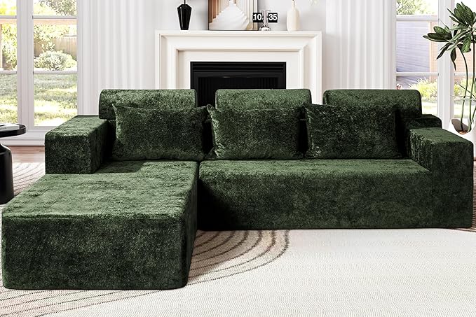 Homguava Modular Sectional Couches for Living Room,105" Cloud Couch with L-Shape Chaise,Comfy Sofa Living Room Couch with Deep Seat,No Assembly L Couch,Luxury Distressed Velvet(Green,L)