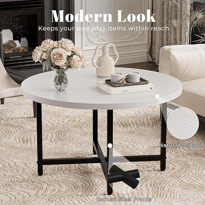 Round Coffee Table, Small Coffee Tables for Living Room, Low Wood Coffee Table with Metal Frame, Floor Table Desk for Sitting on The Floor, Home, Office, White(23.6" D x 17.7" H)