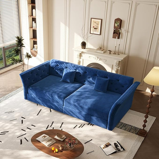 ERYE 3-in-1 Foldable Sleeper Sofa Bed Velvet Fabric Loveseat Sofabed, 74-Inch Queen Loveseat Convertible Pull Out Sleeper Couch Bed with Flower Tufted Accent, Easy Assemble