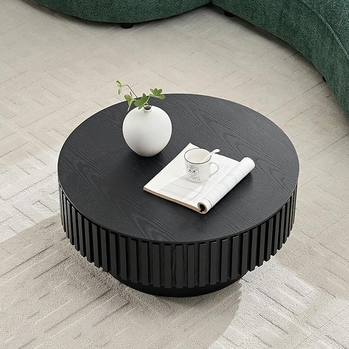 WILLIAMSPACE 31.49" Round Coffee Table with Storage for Living Room, Modern Circle Center Table with Solid Wood Veneered & Sturdy Pedestal, Accent End Tea Table for Apartment - Black