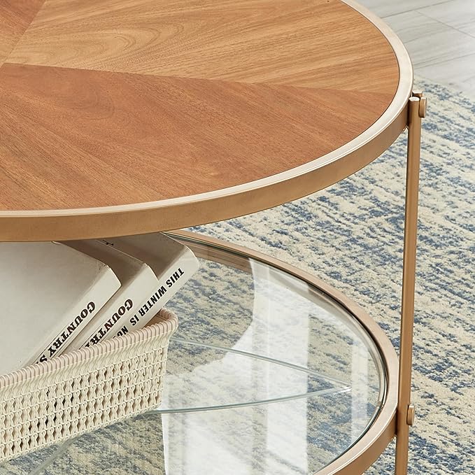 32" Round Wood Coffee Table with Glass Bottom, Circle Coffee Table with Wood Top ＆ Metal Frame, Small Center Table for Living Room, Apartment (32" Dx32 Wx18 H, Gold)