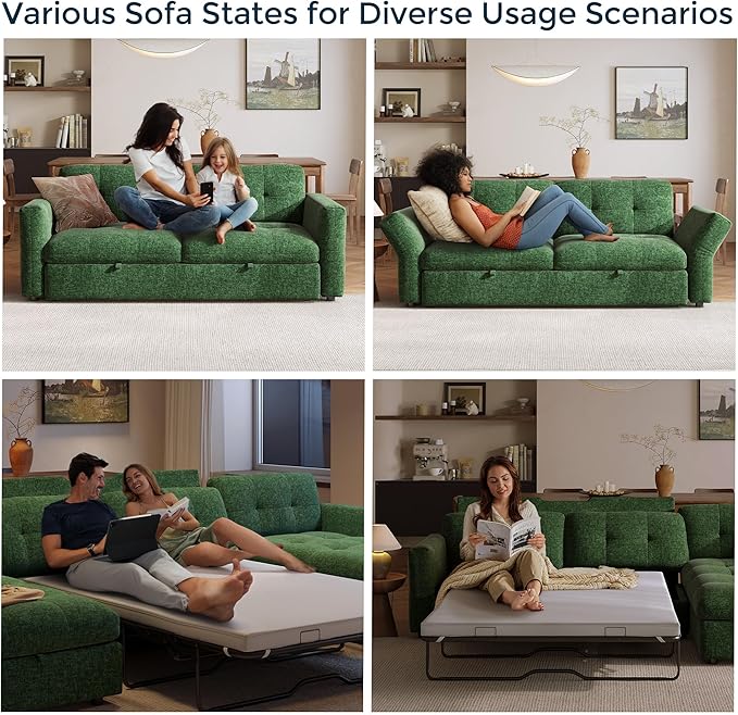 118" Oversized Sectional Sleeper Sofa with Pull Out Bed and Storage Chaise, Convertible Sofa Bed with Memory Foam Topper, Comfy L Shaped Modular Couches for Living Room Apartment Dorm Room, Green