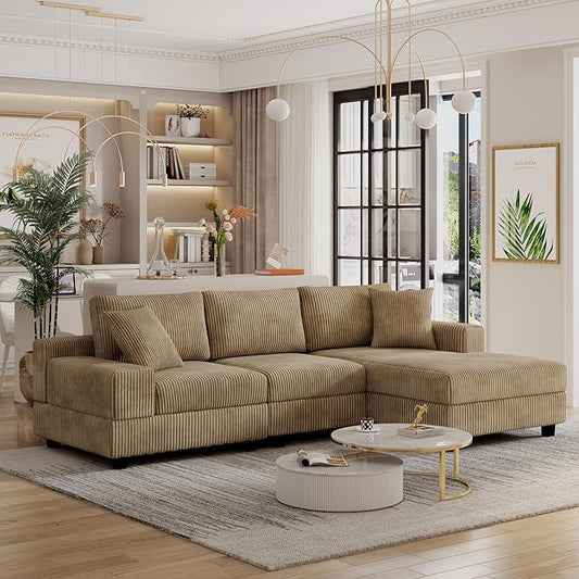 ERYE L-Shaped Reversible Chaise Sectional Sofa Corduroy Upholstered Corner Tufted Sofa Couch with Reversible Chaise Lounge,Headrests,Removable Armrests and 2 Pillows