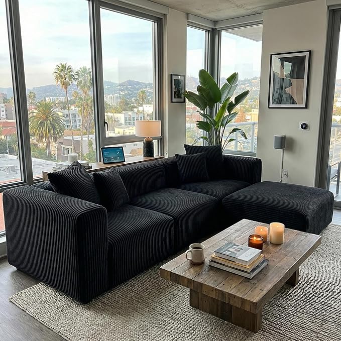 Acanva Convertible Modular Sectional Sofa with Movable Ottomans, Free Combination Corduroy Couch for Living Room Apartments, L-Shaped, Black