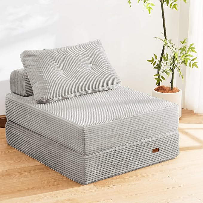 Folding Chair,Sleep Chair with High-Density Support Foam,Portable 3 in 1 Fold Out Chair with Back Support and Pillow for Bedroom、Balcony、Hotel、Apartment,Single,Silver Gray