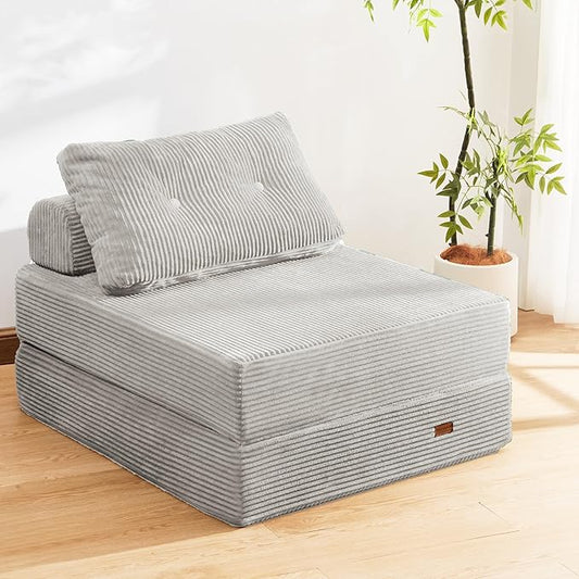 Folding Chair,Sleep Chair with High-Density Support Foam,Portable 3 in 1 Fold Out Chair with Back Support and Pillow for Bedroom、Balcony、Hotel、Apartment,Single,Silver Gray
