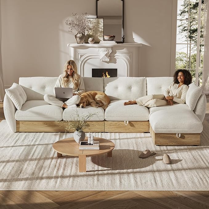 126" L Shaped Cloud Couch Sectional Modular Sofa with Storage, Cotton and Linen Fabrics Modern Oversized Deep Seat Sofa with Armrest Pillow, Easy Assembly for Living Room, Apartment, Ivory