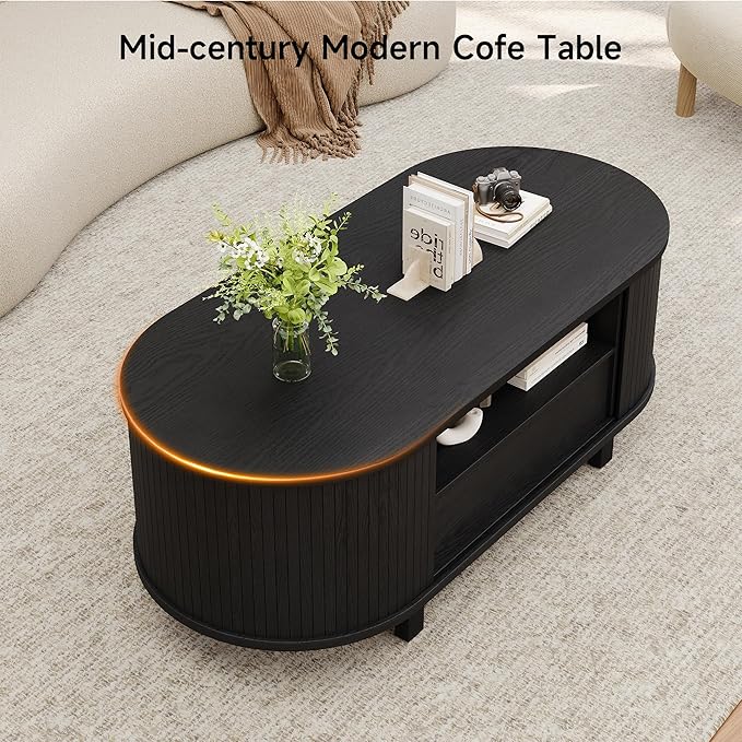 47" Oval Coffee Table, Tambour Design Coffee Tables for Living Room, Mid Century Modern Wood Coffee Table, 3-Tier Accent Center Table with Storage, Large Drawer, Black