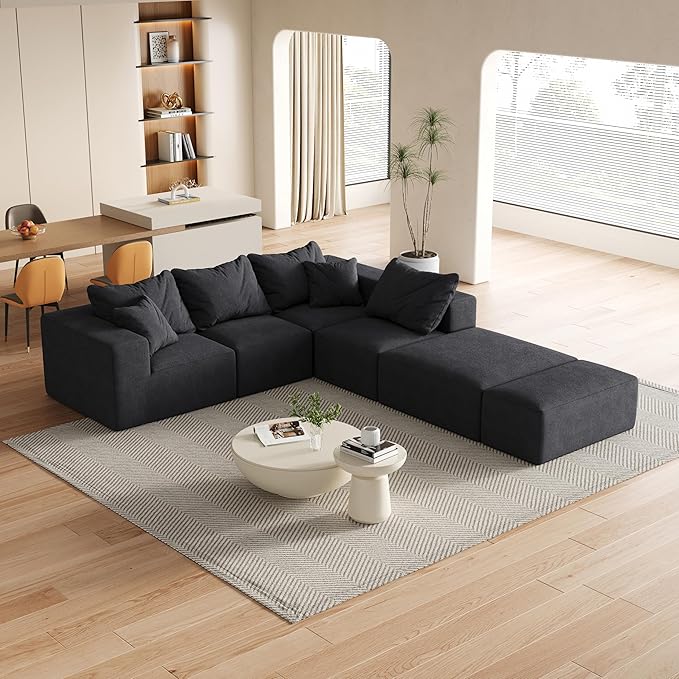 KEIKI 132" Boneless Sofa with Ottoman, L Shaped Corner Couch, Upholstered Corduroy Free Combination Sectional Couch for Living Room, Bedroom, Black