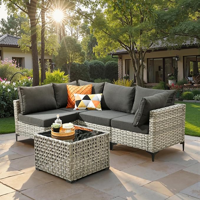 5 Piece Outdoor Patio Furniture with Glowing Coffee Table, Rattan Wicker Conversation Set with Sofa, Sectional Single Chairs for Outside Porch Balcony Backyard Pool,Black