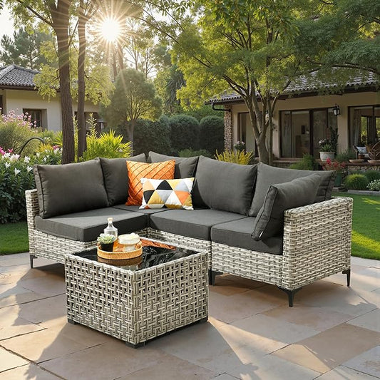 5 Piece Outdoor Patio Furniture with Glowing Coffee Table, Rattan Wicker Conversation Set with Sofa, Sectional Single Chairs for Outside Porch Balcony Backyard Pool,Black