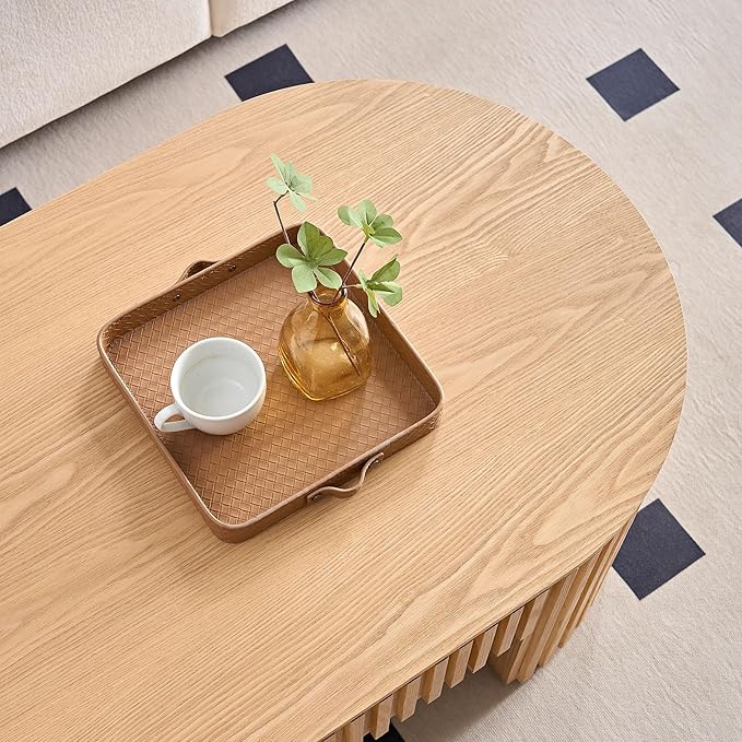 Oak Oval Coffee Table with Storage for Living Room 51.18" Wooden Fluted Coffee Table with Drawer Modern Handcrafted Centre Table Easy Assembly