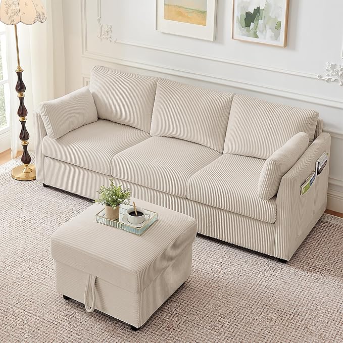 79" L Shaped Couch with Storage Ottoman, 3 Seater Corduroy Sofa with 2 Pillows and Storage Pockets, Small Modern Couches for Living Room, Apartment, Small Spaces, Home Office, Cream White