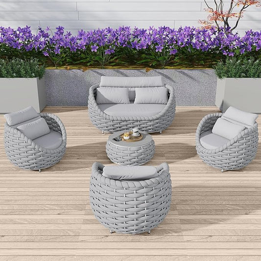 TWT 5 Pieces Patio Furniture Set, Outdoor Rope Conversation Sectional Patio Sofa with 5 Seater for Backyard, Porch, Modern Armchairs with Thickness Cushions and Side Table, Light Grey