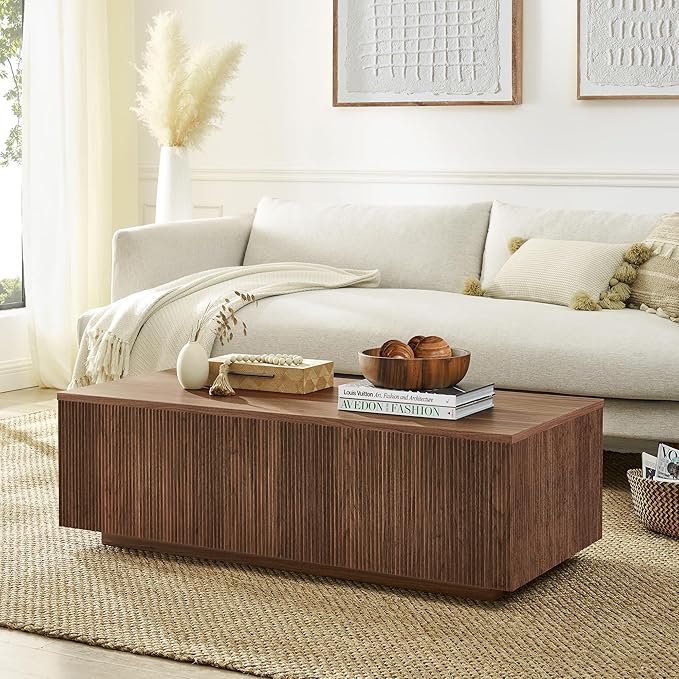 Henn&Hart 48" Fluted Rectangular Low-Profile Coffee Table with Ribbed Base for Living Room, Family Room, or Office, Medium Walnut
