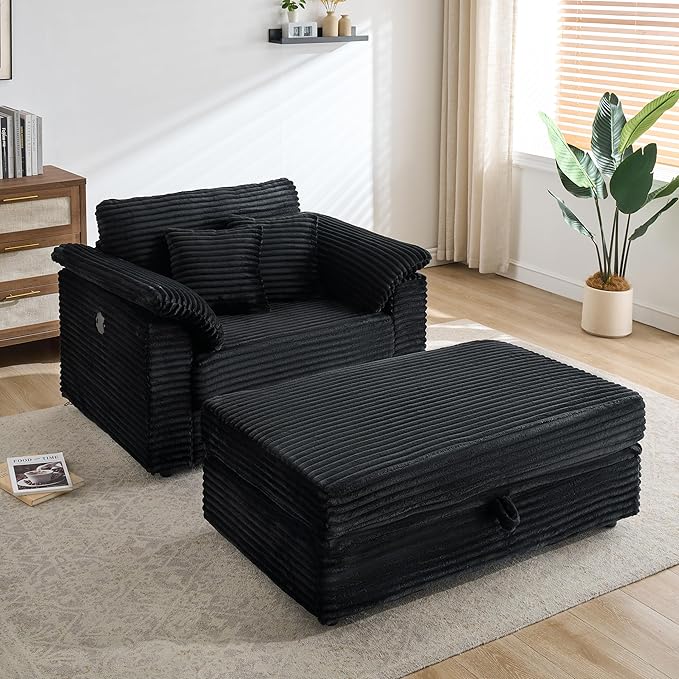 KEIKI 47.24 inch Corduroy Sofa, Wide Corduroy Armchair with Storage Feet and 2 Throw Pillows, Sleeper Couch for Living Room, Apartment, Salon, Home Theater, Black