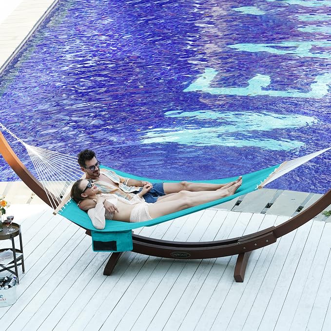 Lazy Daze Hammocks 11 FT Double Outside Hammock Quick Dry Olefin Fabric Hammock with Spreader Bar & Side Pocket for Outdoor Poolside Backyard 450 lbs Capacity, Turquoise - Image 7