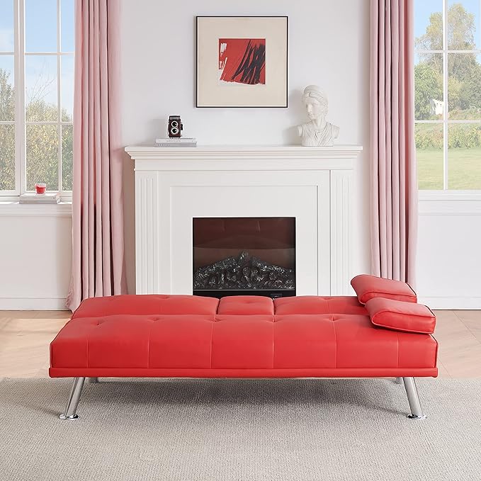 KEIKI 67" Leather Folding Futon Sofa w/Cup Holder & Adjustable Backrest, Mid Century Modern Couch Loveseat Convertible to Sleeper Bed, Comfy Cloud Couch SofaBed for Living Room & Bedroom, Red